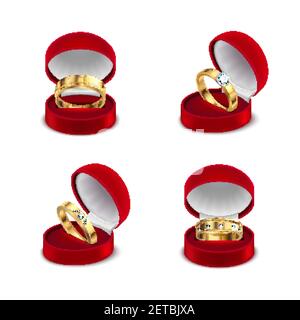 Wedding engagement gold rings in opened red jewelry box case 4 realistic sets white background vector illustration Stock Vector