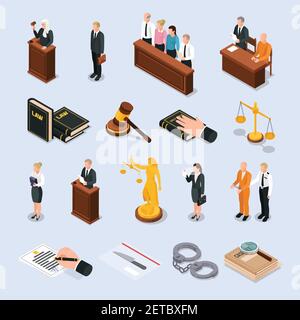 Law justice court characters accessories isometric icons set with convict judge attorney hand on bible vector illustration Stock Vector