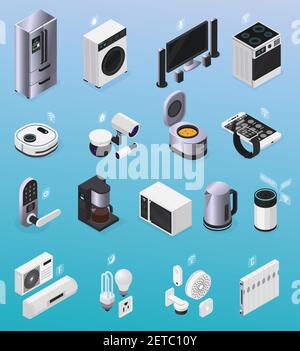 IOT smart home remote controlled electronic devices isometric icons collection with refrigerator tv stove coffeemaker vector illustration Stock Vector