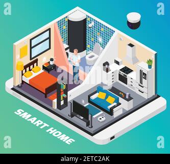 Smart home interior isometric design with light system stove tv controlled with wearable mobile devices vector illustration Stock Vector