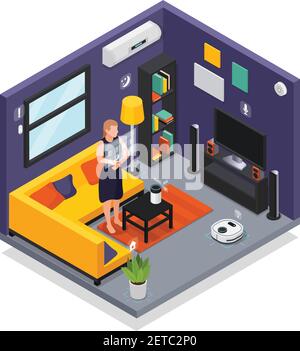 Smarthome living room iot interior with wearable gadgets smartwatch controlling robotic vacuum cleaner isometric composition vector illustration Stock Vector