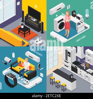 Smart home concept 4 isometric compositions with kitchen bathroom tv iot smartphone smartwatch controlled devices vector illustration Stock Vector
