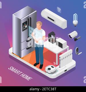 IOT kitchen appliances security camera  isometric composition with owner controlling smart refrigerator with touch display vector illustration Stock Vector