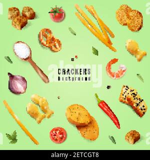 Crackers and snacks with different forms and flavoring additives on green background realistic vector illustration Stock Vector