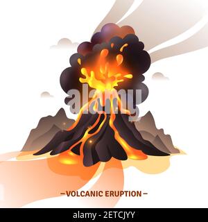 Volcanic eruption cartoon composition with salute from magma ashes and smoke flying out from volcano vector illustration Stock Vector