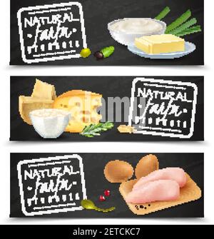 Natural farm product horizontal banners with butter cheese eggs sour cream chicken fillet realistic icons vector illustration Stock Vector