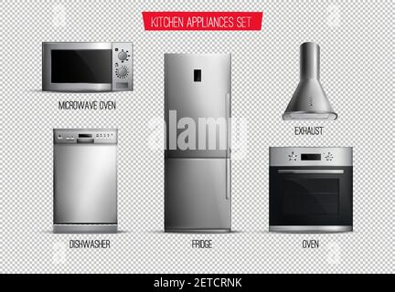 Set of realistic contemporary kitchen appliances front view isolated on transparent background vector illustration Stock Vector