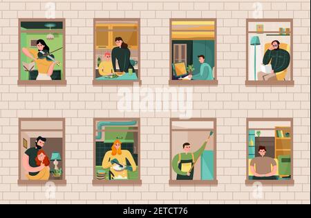 Set of neighbors during various activity in windows of house on brick wall background vector illustration Stock Vector