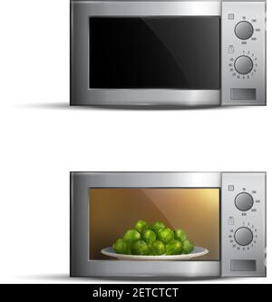 Set of realistic microwave ovens with food inside isolated on white background vector illustration Stock Vector