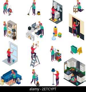 Professional cleaning services for office and apartment set of isometric icons isolated vector illustration Stock Vector