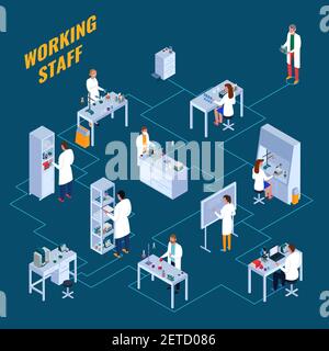 Chemical laboratory with working staff and scientific equipment isometric flowchart on turquoise background vector illustration Stock Vector