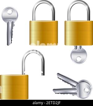 Realistic set of identical gold metallic open and closed padlocks and keys on white background isolated vector illustration Stock Vector