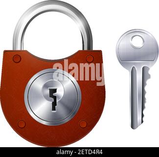 New red padlock and metallic key isolated decorative icons on white background realistic vector illustration Stock Vector