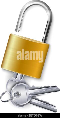 Graceful gold metallic padlock with kit of three keys on white background realistic vector illustration Stock Vector
