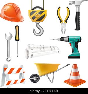 Construction realistic set of wrench screwdriver pliers hammer drill cart hanging hook isolated vector illustration Stock Vector
