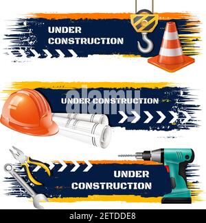 Under construction grunge banners with road barrier protective helmet hook of elevating crane realistic icons vector illustration Stock Vector