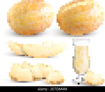 Ripe fresh yellow meloen whole segments bite sized pieces and juice realistic closeup images collection vector illustration Stock Vector