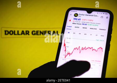 In this photo illustration the stock market graphic of Dollar General Corporation seen displayed on a smartphone with Dollar General Corporation logo in the background. Stock Photo