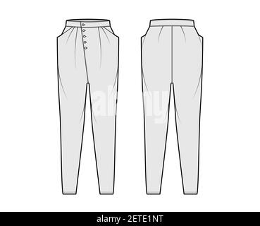 Tapered Baggy pants technical fashion illustration with low waist, rise, slash pockets, draping front, full lengths. Flat bottom apparel template back, grey color style. Women, men, unisex CAD mockup Stock Vector