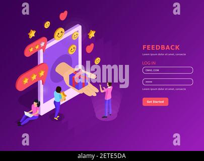 CRM system feed back with mobile device isometric composition with user account purple background vector illustration Stock Vector