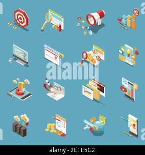 Web SEO isometric icon set with work elements and abstract isolated tools graphs cups of coffee money and flags vector illustration Stock Vector