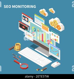 Blue web SEO isometric composition with seo monitoring headline and isolated elements windows clouds vector illustration Stock Vector