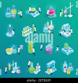 Vaccines development set of isometric icons with scientists and lab equipment isolated on green vector illustration Stock Vector