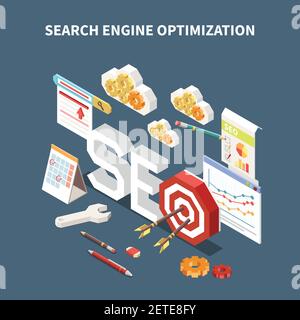 Isometric isolated web SEO composition with search engine optimization headline and different elements in the air vector illustration Stock Vector