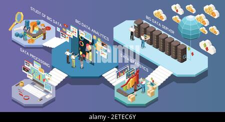 Big data analytics isometric composition with study of big data server statistics and processing descriptions vector illustration Stock Vector