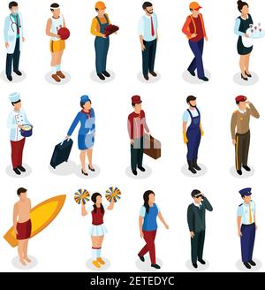 Set of isometric people of various professions in uniform with accessories isolated vector illustration Stock Vector