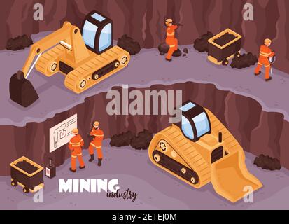 Mine industry background with characters of workers in uniform open mine scenery with excavators and text vector illustration Stock Vector
