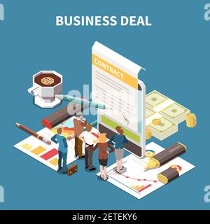 Business strategy isometric composition with business deal description and the team brainstorming session vector illustration Stock Vector