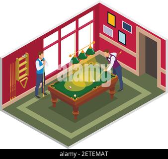 Billiards isometric composition with view of indoor billiard playing room with furniture and characters of people vector illustration Stock Vector