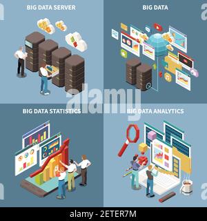 Big data analytics isometric icon set with server statistics and analytics descriptions vector illustration Stock Vector