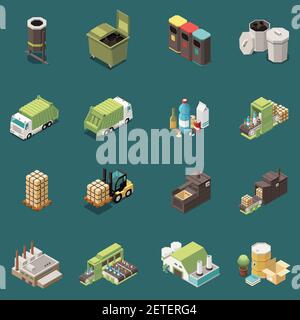 Isolated isometric garbage recycling icon set with separate recycle bag waste baskets and different factory vector illustration Stock Vector