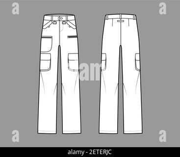 Set of Ski pants technical fashion illustration with low waist, rise, flap  zipper patch pockets, belt