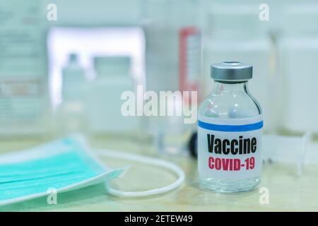 Vaccine vial and syringe injection for prevention and treatment from corona virus infection, Hospital background.-corona virus disease 2019, COVID-19 Stock Photo
