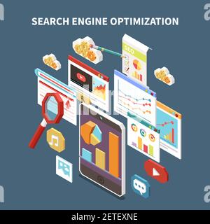 Web SEO isometric composition with search engine optimization headline and isolated elements vector illustration Stock Vector