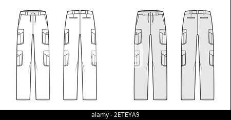 Set of cargo pants technical fashion illustration with low waist, rise, pockets, belt loops, full lengths. Flat bottom apparel template front back, white, grey color style. Women men unisex CAD mockup Stock Vector