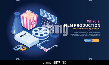 Isometric movie cinema flowchart concept with images of random cinema-related items text and slider button vector illustration Stock Vector