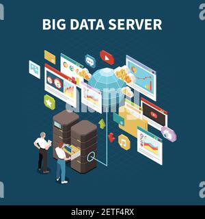 Big data analytics isolated composition with dig data server headline and elements of cloud storage vector illustration Stock Vector