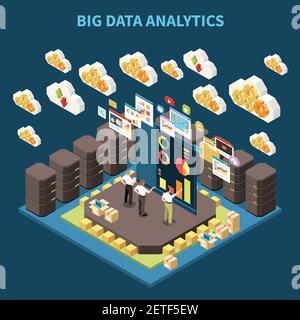 Isometric big data analytics composition with team on brainstorming and data clouds in the air vector illustration Stock Vector