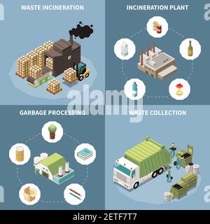 Garbage recycling isometric icon set with waste incineration garbage processing and waste collection descriptions vector illustration Stock Vector