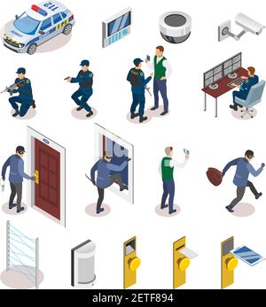 Security systems isometric icons set with laser motion sensors surveillance camera operator officers in action vector illustration Stock Vector