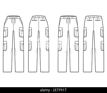 Set of cargo pants technical fashion illustration with normal low waist, high rise, pockets, belt loops, full lengths. Flat bottom apparel front back, white color style. Women, men, unisex CAD mockup Stock Vector