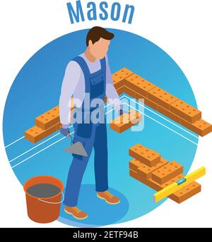 Craftsman isometric decorative round background composition with mason laying bricks with trowel cement and level vector illustration Stock Vector