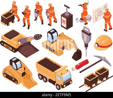 Isometric set of icons with mining machinery and miners isolated on white background 3d vector illustration Stock Vector