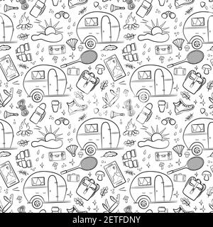 Hiking and camping seamless pattern with travel elements. Seamless pattern for design, posters, backgrounds Hiking, travel and camping theme.Camper, c Stock Vector