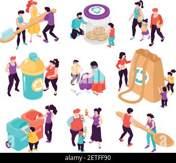 Zero waste colorful isometric icons set with people sorting garbage isolated on white background 3d vector illustration Stock Vector