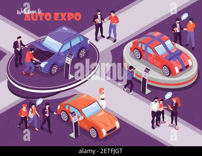 Isometric car showroom background with human characters of people with thought bubbles and cars on podium vector illustration Stock Vector